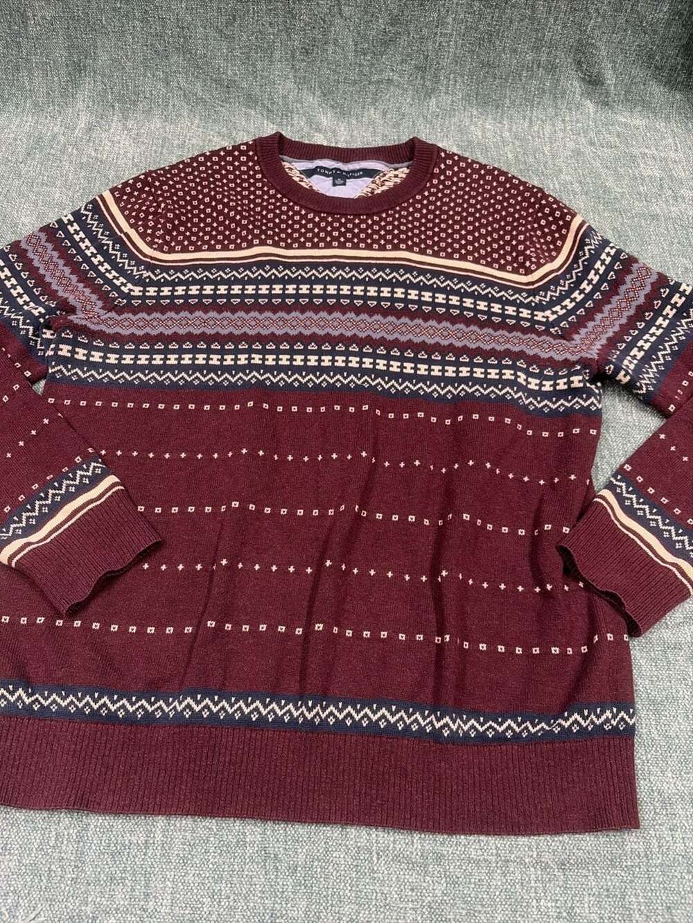 Tommy Hilfiger Omar Fair Isle Harvard Red Cotton Wool Crew Neck Sweater XL